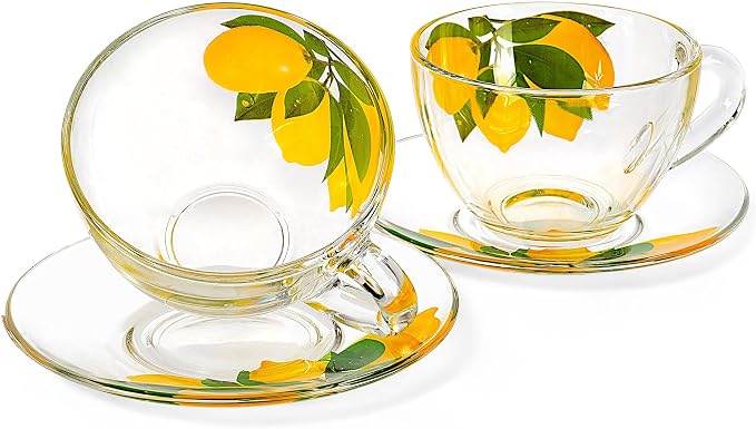 STP GOODS Glass Tea Cup and Saucer Set of 2 Glass Teacups 6.8 fl oz (200 ml) Cups with Matching Saucers for Two, Tea Coffee Set for 2, Coffee Cups, Dishwasher and Microwave safe (Lemons)