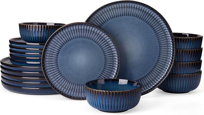 Famiware Starlight 18-Piece Plates and Bowls Sets for 6, Stoneware Dinnerware with Ribbed Textured, Handcrafted Reactive Glaze Dishes - Dishwasher & Microwave Safe, Chip/Scratch Resistant, Starry Blue