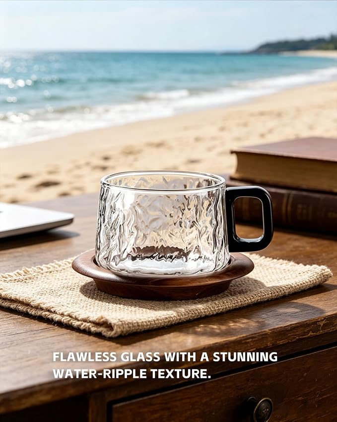 Bincoo Japanese Style Glass Coffee Cups with Walnut Wood Saucer, 7.8oz/230ML Borosilicate Glass Mugs with Handles, Elegant Gift Set for Coffee Lovers,Smoke