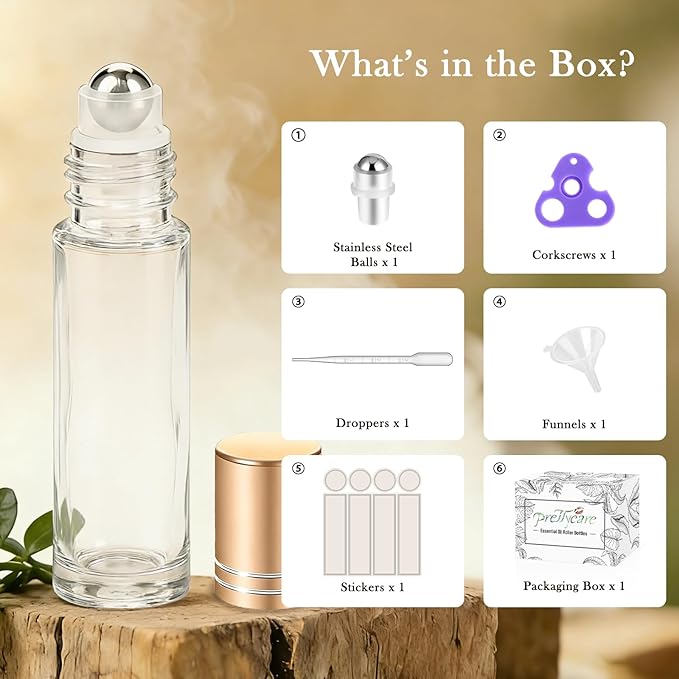 PrettyCare 4 Pack, 10 ml Essential Oil Roller Bottles with Stainless Steel Roller Ball - Refillable Leak-proof Empty Thick Clear Glass Roll on Bottles with Metal Caps for Travel, Perfume