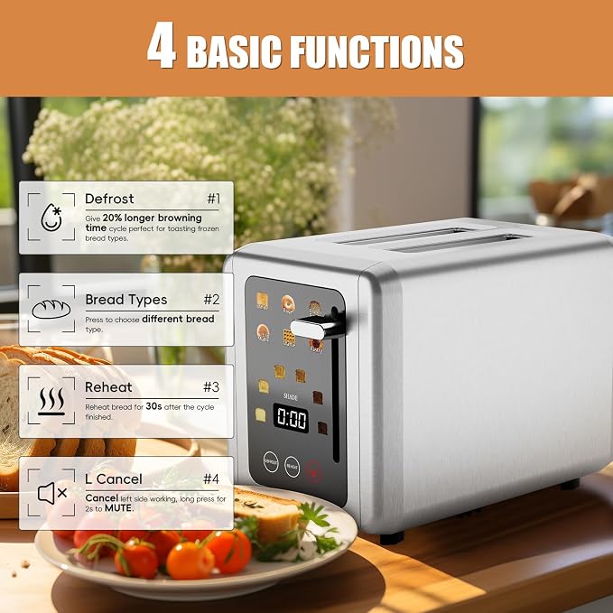 Touch screen Toasters 2 slice,Stainless Steel Digital Timer Toaster with Sound Function,6 Bread Types & 6 Shade Settings,Smart Extra Wide Slots Toaster with Bagel,Defrost Functions,Silver