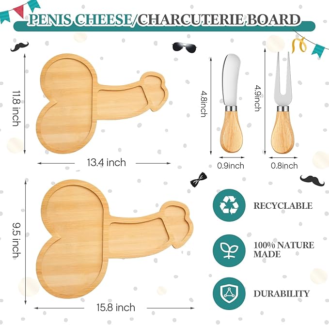 Patelai Penis Gifts Penis Shaped Cheese Board Set Funny Bachelorette Gifts Novelty Mini Bamboo Charcuterie Cutting Board with Cheese Knives Set Aperitif Platter for Kitchen, Parties, Housewarming