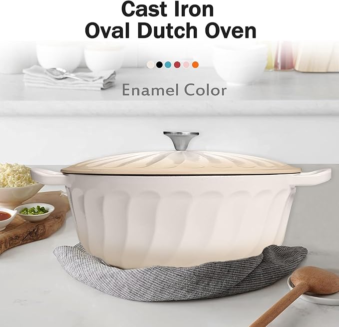 Enameled Dutch Oven Pot with Lid, 7 QT Cast Iron Dutch Oven with Dual Handles, Oval Dutch Oven for Cooking, Bread Baking, Frying, Non-stick Enamel Coated Oven (Caramel White)