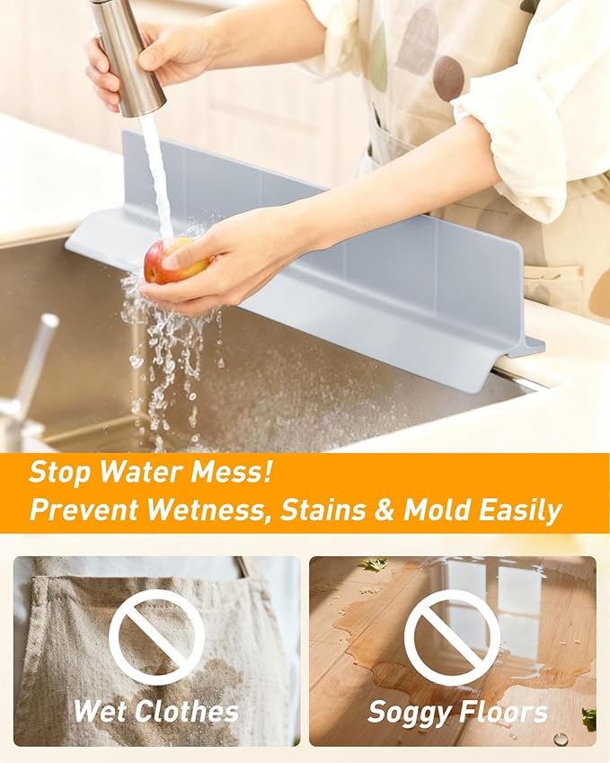 Kitchen Sink Splash Guard 23" 18" 30" Silicone Water Guard with Strong Suction Cups, Faucet & Countertop Protector, Bathroom & Sink Edge Splash Guard Strip, Dishwasher Safe-Grey 23"