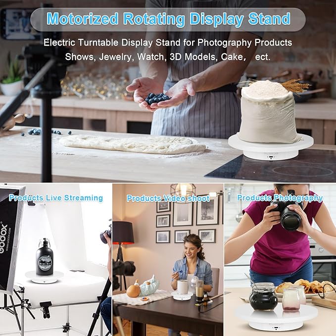 Remote Motorized Rotating Display Stand, Electric Rotating Platform with 5.74/7.08/8.66in Replacement Covers, 3 in 1 Turntable with Rechargeable Battery for Live Streaming Video Shoot Photography