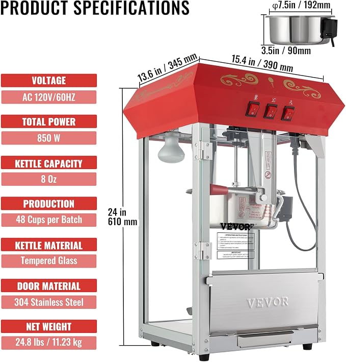 VEVOR Commercial Popcorn Machine, 8 Oz Kettle, 850 W Countertop Popcorn Maker for 48 Cups per Batch, Theater Style Popper with 3-Switch Control Steel Frame Tempered Glass Doors 2 Scoops 2 Spoons, Red | 48 Cups per Batch, Theater Style Popper with 3-Swi...