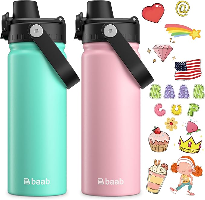 baab 20oz Kids Water Bottle, Insulated Kids Water Bottle with Lockable Spout Lid & Stickers, 18/8 Stainless Steel Vacuum Leakproof Kid Water Cup for Boy Girl & School (Pink+Mint Green, 2 Pack)