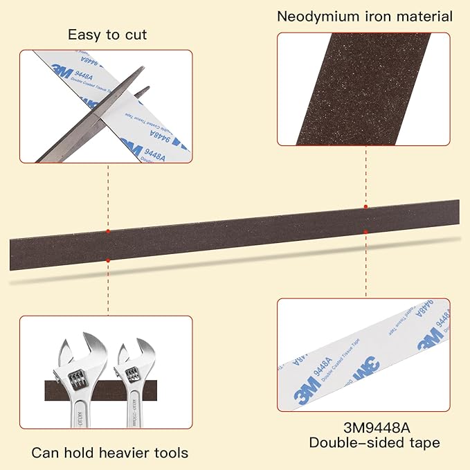 Extra Strong Flexible Neodymium Magnetic Strip 12 X 4/5"(2 Pieces),60 Mil Magnetic Tape Strips with Adhesive Backing, Heavy Duty NdFeB Magnets,Super for Basemen Tool Room,Garage,Organized Storage