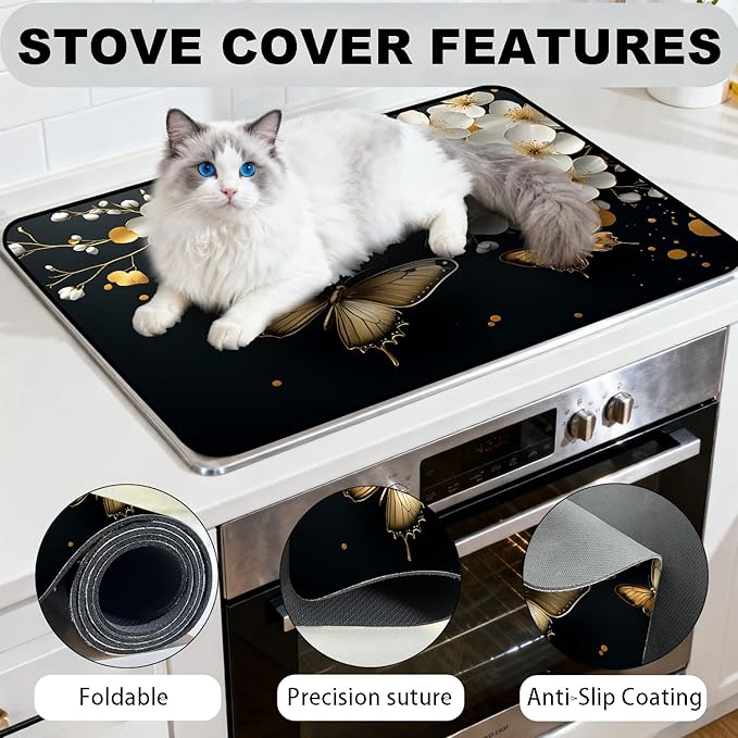 Stove Top Cover for Electric Stove, Vintage Farmhouse Style Glass Cooktop Protector, Multi-functional Kitchen Counter & Washer Top Cover