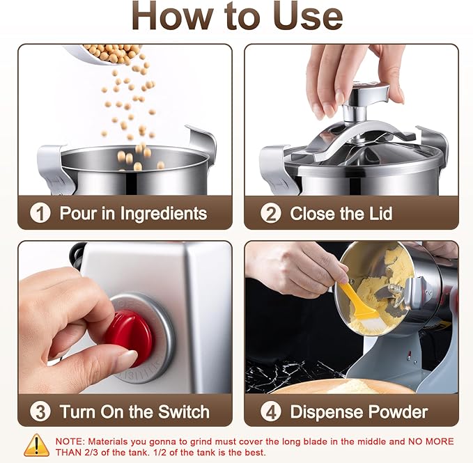 Grain Mill Grinder, 800g Electric Grain Mill for Flour, 3000W High-speed Wheat Grinder with Bottle-Cap Style Sealing Lid, 110V Commercial Powder Grinder for Dry Spice Bean Grains Coffee Pepper