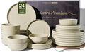 24-Piece Stoneware Dinnerware Sets for 6 with Pasta Bowls – Speckled Glaze with Spiral Design, Coupe Plates and Bowls - Chip & Scratch Resistant, Microwave & Dishwasher Safe, Honey