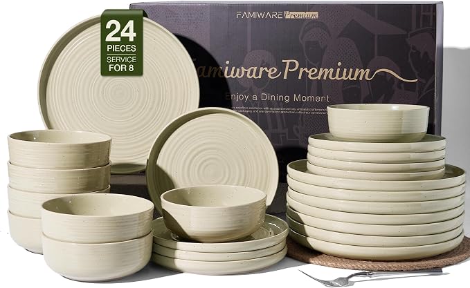24-Piece Stoneware Dinnerware Sets for 8 - Coupe Plates and Bowls with Speckles & Spirals - Chip & Scratch Resistant, Microwave & Dishwasher Safe - Farmhouse Dishes - Gift Box, Honey