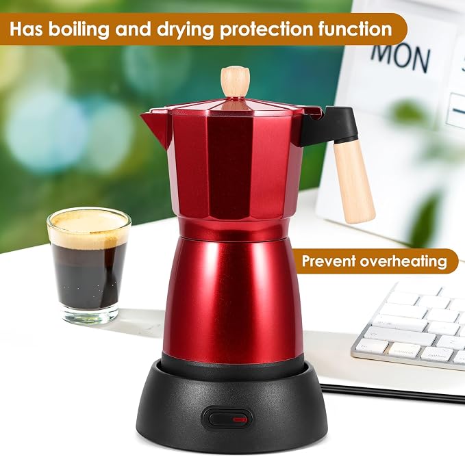 Moka Pot Electric Espresso Coffe Maker, 300ml 6 Cups Portable Coffee Pot with Overheat Protection and Detachable Base, Electric Espresso Maker, 450W, Red