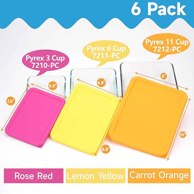 3 Cup 6 Cup 11 Cup Rectangle Silicone Storage Cover Lids Replacement for Pyrex 7210-PC, 7211-PC, 7212-PC Glass Bowls, (Container not Included) 6 Pack, Microwave, Dishwasher and Freezer Safe