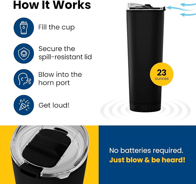 The LoudCup Blow Horn Tumbler, Cheer & Sip 2-in-1 Reusable Water Bottle with Built-In Horn for Sports Games, Tailgates, Parties & Events, BPA-Free, 23 oz, Jet Black