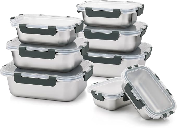 8 PCS Stainless Steel Lunch Box, 4-Size (58 /41 /24 /14Oz) Stackable Metal Bento Boxes BPA Free Dishwasher Safe, Food Storage Containers, Leakproof Reusable Meal Storage for Work,Travel (Gray)
