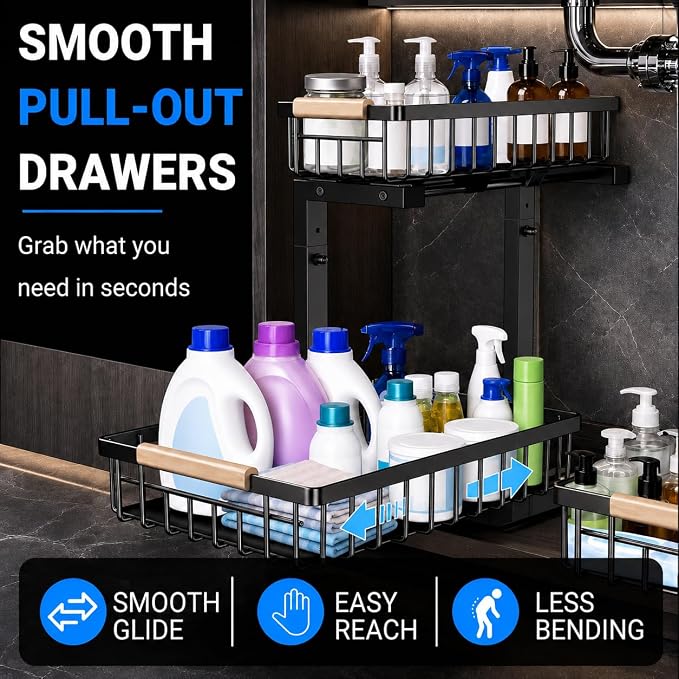 𝐆ee𝐁om Under Sink Organizer, Pull Out Kitchen Storage Cabinet Organizer, 2-Tier Metal Slide Out Shelf for Bathroom Laundry Kitchen Storage with Drawers, 11.8"W x 15.9"D x 13.8-16.9"H, Black, 2 Pack