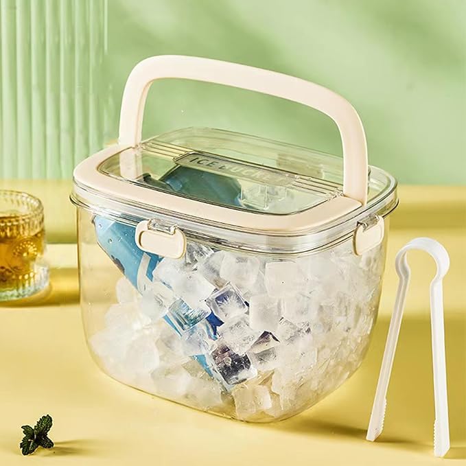 6.7L Ice Cube Storage Bin with Sealed Lid for Freezer Clear Ice Bucket w/ Tong for Bar Refrigerator Containers for Home Beverage Cooler for Whiskey Wine Beers Party Outdoor 8.5*6.6*7.4in Yellow