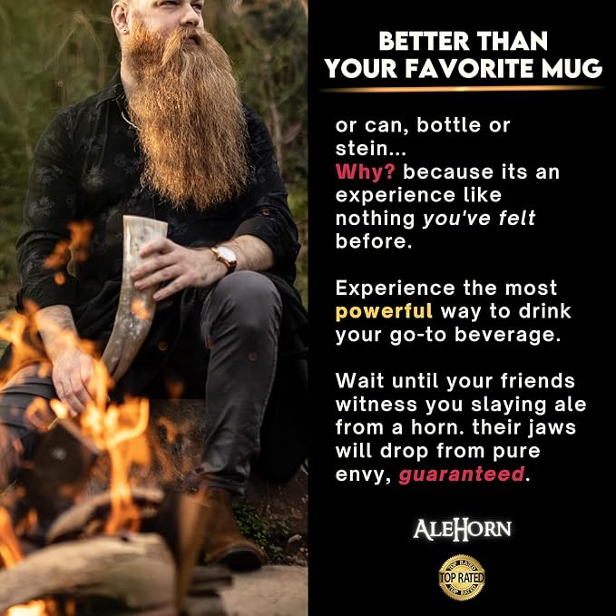 AleHorn Viking Drinking Horn with Stand – Handcrafted Natural Ox Horn Mead & Ale – Medieval Norse Display Cup for Home Bar Decor & Holiday Gifts for Men