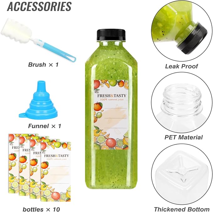 TOMNK 10pcs 33oz Juice Bottles with Caps, Reusable Plastic Juice Bottles with Lids and Labels, Funnel, Brush Beverage Containers for Juicing, Smoothies, Tea, Milk