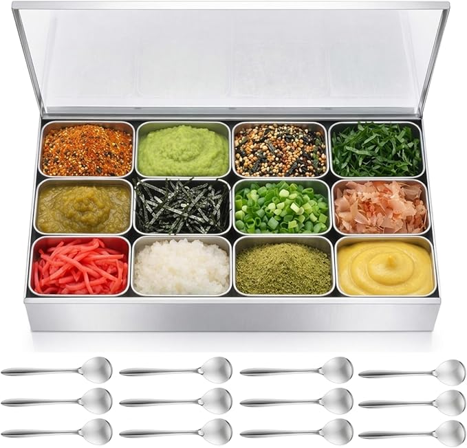 Boao 12 Compartment 304 Yakumi Pans Stainless Steel Seasoning Condiment Container with Lids Spoons, Japanese Yakumi Pans Mini Sauces Salad Dressings Storage for Food, Herbs, Spices