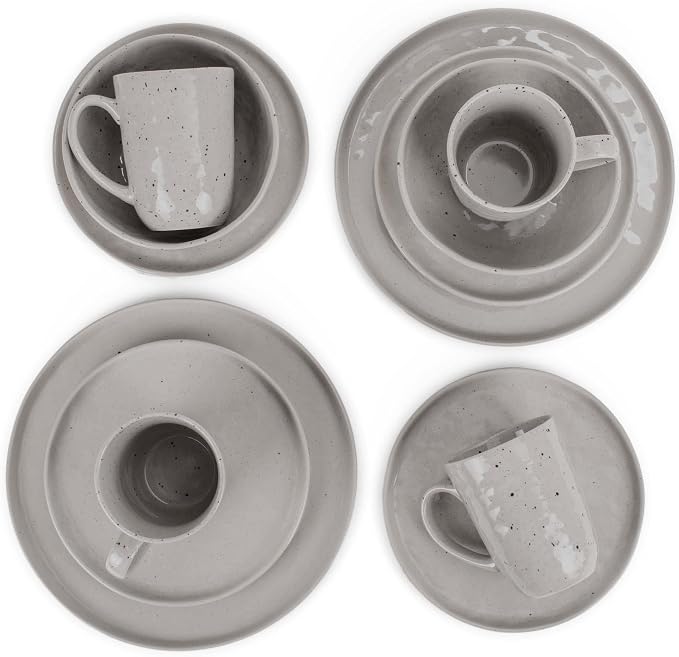 Elanze Designs Shiny Speckled Western Country Style Ceramic Plates Bowls Mugs Dinnerware 16 Piece Set - Service for 4, Grey