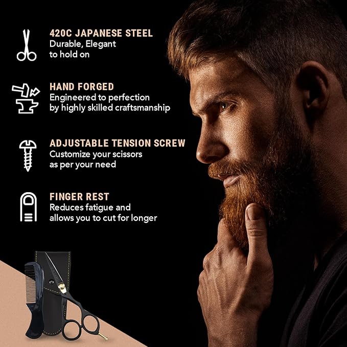 Ontaki Beard & Mustache Scissors for Men - 5.5" Japanese Steel, Black - Precision Sharp Blades, Ergonomic Finger Rest & Adjustable Tension Screw for Perfect Trimming - Beard Scissors for Men