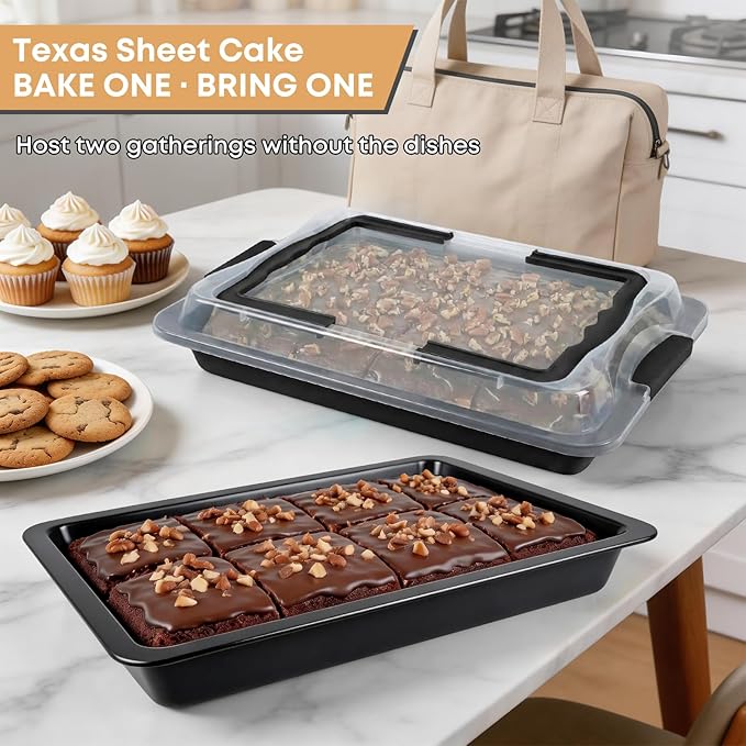 Black Sheet Cake Pan with Lid, 2-Pack 15"×10"×2" Deep Jelly Roll Pan, Nonstick Ceramic Coating, PFOA & PTFE Free, Oven Safe 450°F, for Texas Sheet Cake, Brownies, Potluck