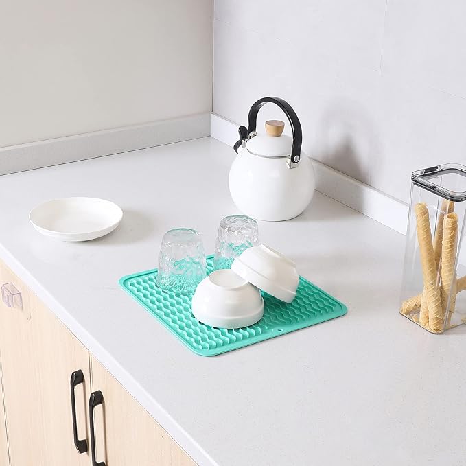 MicoYang Silicone Dish Drying Mat for Multiple Usage,Easy clean,Eco-friendly,Heat-resistant Silicone Mat for Kitchen Counter or Sink,Refrigerator or Drawer liner Mint M 12 inches x 12 inches