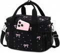 BTOOP Insulated Lunch Box for Women, Cute Corduroy Lunch Bag with Shoulder Strap, Leakproof Wide-Open Lunch Tote for Work, Office, School, Picnic, Pink Bow-Black
