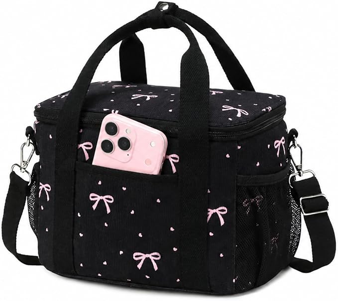 BTOOP Insulated Lunch Box for Women, Cute Corduroy Lunch Bag with Shoulder Strap, Leakproof Wide-Open Lunch Tote for Work, Office, School, Picnic, Pink Bow-Black