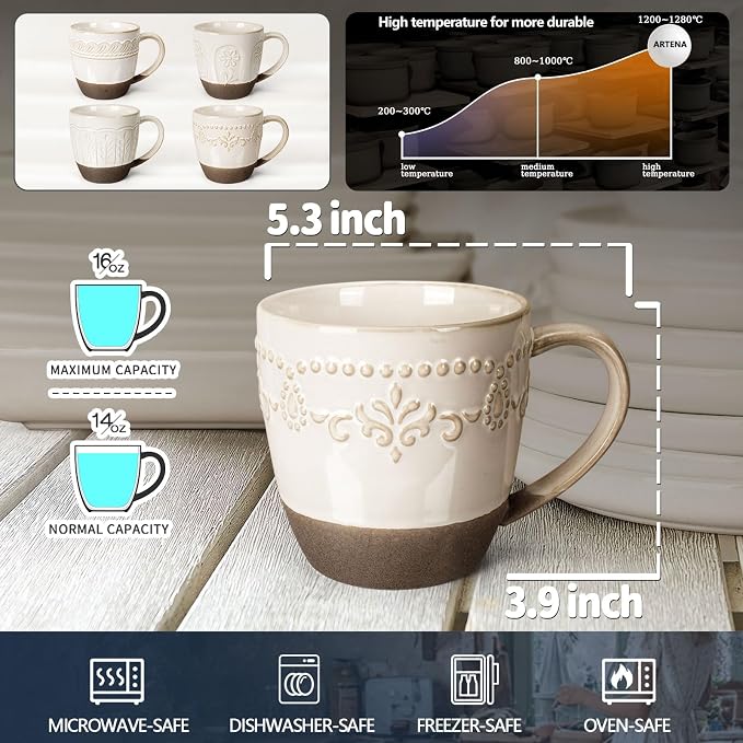 Artena Ceramic Coffee Mugs Set of 4, 16oz Embossed Large Latte Mugs Coffee Cups with Handle for Tea, Latte, Cappuccino & Cocoa, Milk Dishwasher & Microwave Safe, White (Damask Floral)