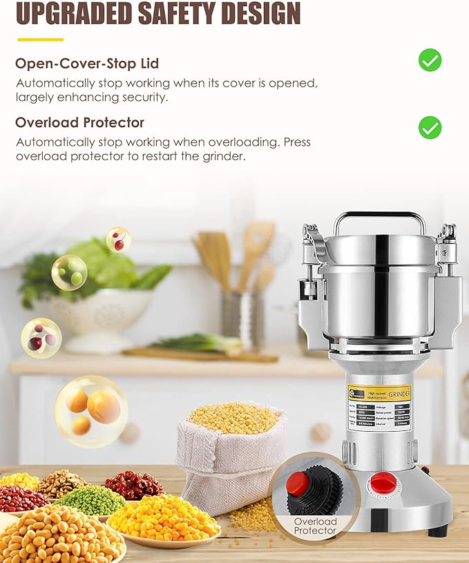 CGOLDENWALL 300g Electric Grain Mill Grinder Safety Upgraded Spice Grinder Pulverizer Stainless Steel Machine for Dry Spices Herbs Grains Coffee Seeds Rice Corn Pepper 110V