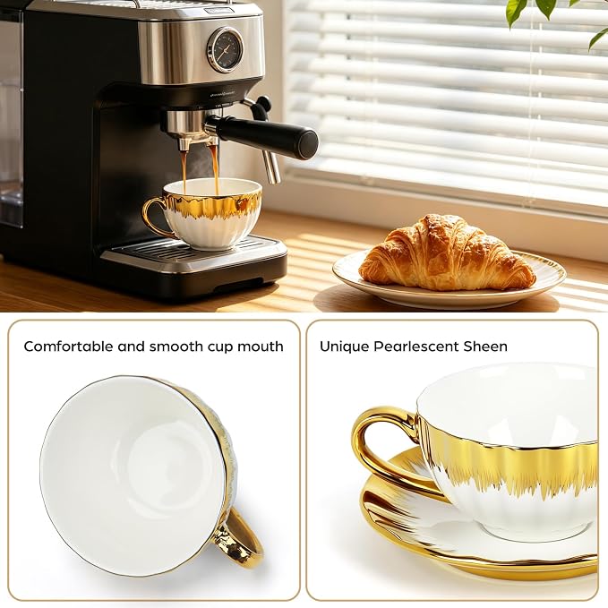Cappuccino Cups with Saucers and Sakura Spoons, 8 oz Ceramic Espresso Cup Set of 4, Gold-Trim Coffee Cup Mugs for Latte, Tea, Kitchen or Café, Microwave and Dishwasher Safe