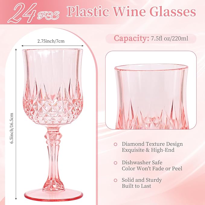 24 Pack Light Pink Plastic Wine Glasses, Vintage Plastic Goblets for Parties, Drinking Glasses Unbreakable Glassware Crystal Water Goblets Reusable Drinkware for Wedding Reception Grand Event Party
