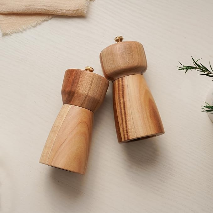 Salt and Pepper Grinder Set with Tray, Adjustable Ceramic Grinder Salt Mill, Stainless Steel Grinder Pepper Mill, Acacia Wood, 5 inch /14cm Height, Bottom Dia 2.36inch/6cm (Tray is Included)