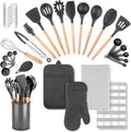 37 Pcs Oven Mitts and Pot Holders with Silicone Kitchen Utensils Set Silicone Cooking Utensils Set with Holder, Kitchen Towels, Heat Resistant Gloves for Christmas Baking Cooking(Dark Gray)