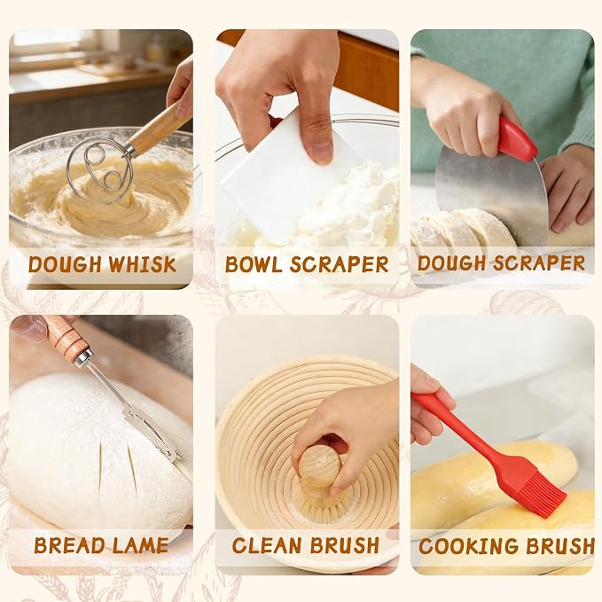52 Pcs Sourdough Starter Kit, Sourdough Bread Baking Supplies with 9" Round & 10" Oval Banneton Bread Proofing Basket, Cooling Rack, Sour Dough Starter Jar, Bread Making Kit Gifts for Women Wife Mom