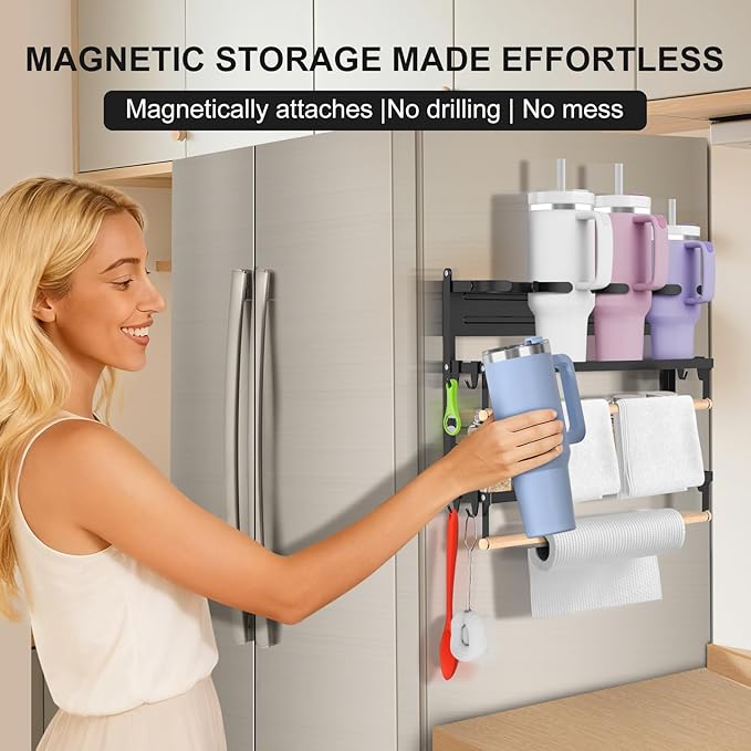 Magnetic Stanley Cup Holder for Refrigerator, Water Bottle Organizer for Stanley 40/30/20 oz Tumbler, Fridge Kitchen Storage Rack with 8 Holders & 2 Wood Rods, Owala/Yeti/Stanley Cup Accessories-Black