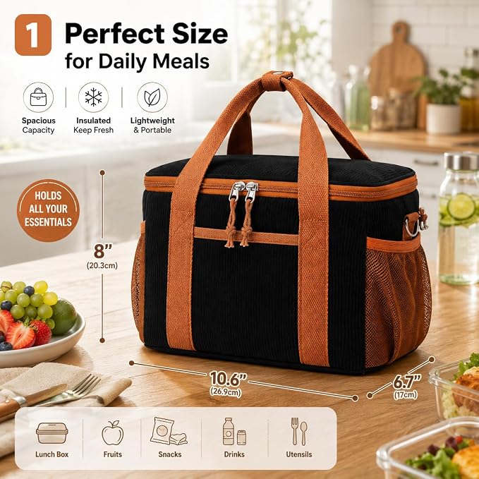 BTOOP Insulated Lunch Box for Women, Cute Corduroy Lunch Bag with Shoulder Strap, Leakproof Wide-Open Lunch Tote for Work, Office, School, Picnic Brown Black