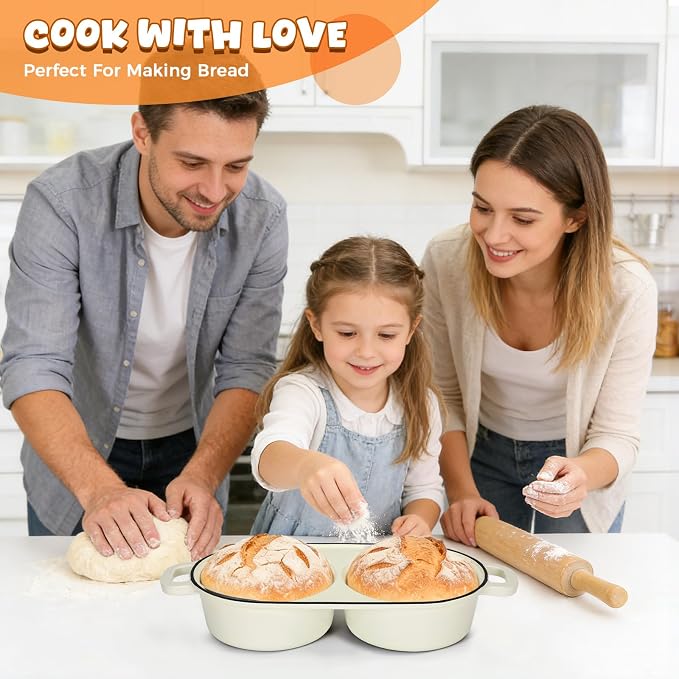 Double Dutch Oven for Sourdough Bread Baking, 2.2QT (White) | Enamelled Cast Iron Bread Pan with Lid, Double Round Loaf Space, 16.5cm Diameter, Mini Double Dutch Oven for Homemade Baking