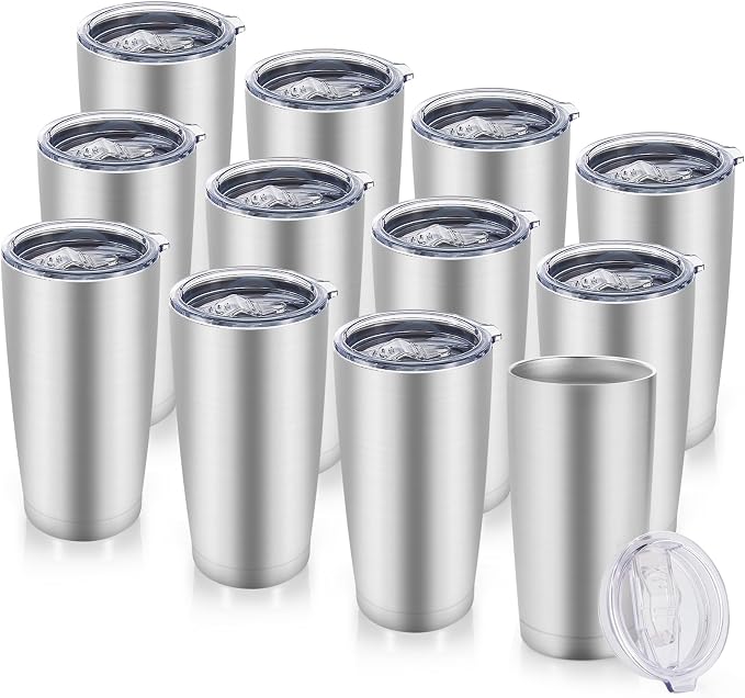 20 oz Tumblers Bulk Stainless Steel Tumbler with Lid Double Wall Vacuum Insulated Coffee Mug 20oz Powder Coated Cup for Hot and Cold Drinks, Stainless, 12 pack