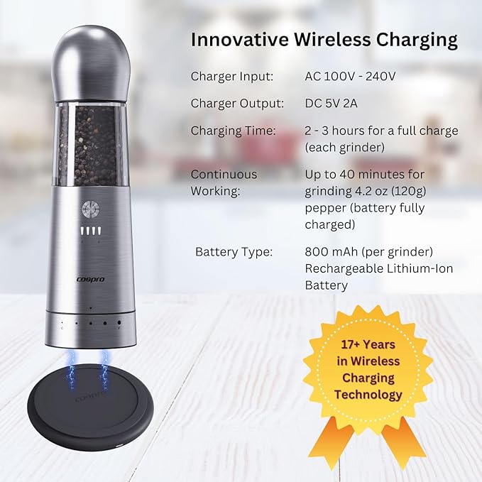 COSPRO Electric Grinder with Qi-Wireless Charging Base | Kitchen Gift | Rechargeable Automatic Spice Mill | Stainless Steel | One Hand Button Use | Adjustable Coarseness | Easy Clean