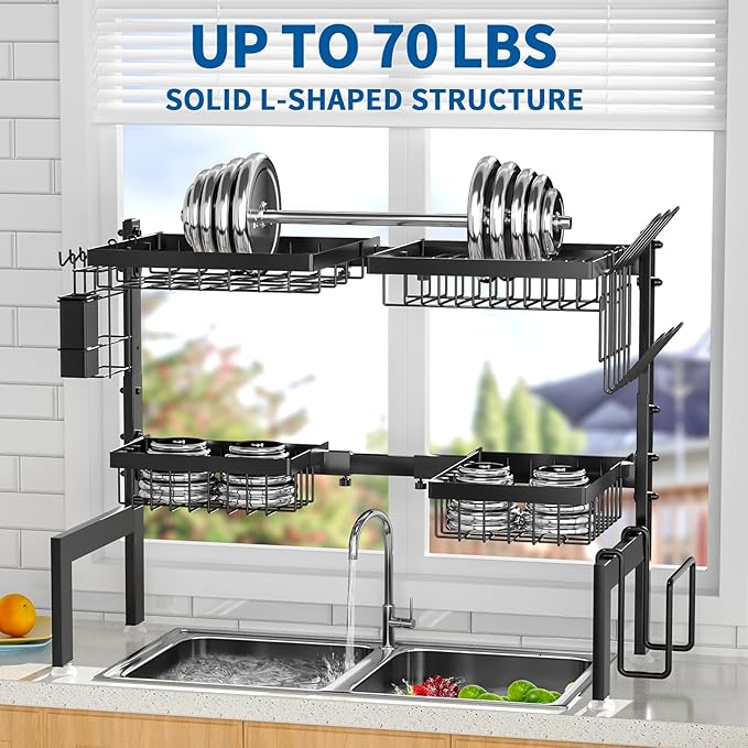 Over The Sink Dish Drying Rack,Expandable 2-Tier Stainless Steel Over The Sink Dish Rack with Utensil Holder Dish Drainers for Kitchen Counter
