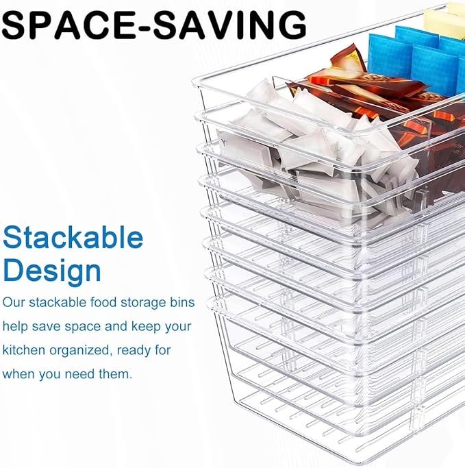 4 Pack Food Storage Organizer Bins, Multipurpose Pantry Organizer, 4 Compartment Clear Plastic Bins for Packets, Snacks, Pouches, Spice Packets - Versatile for Kitchen Fridge & Cabinet