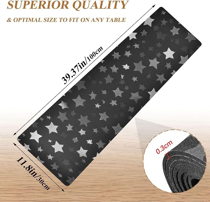 2 in 1 Table Runner Trivet for Hot Pots and Pans Heat Resistant Non Slip Waterproof 39 x 12 Inch Decorative Table Protector for Kitchen Countertop Cute Silver and Gray Stars