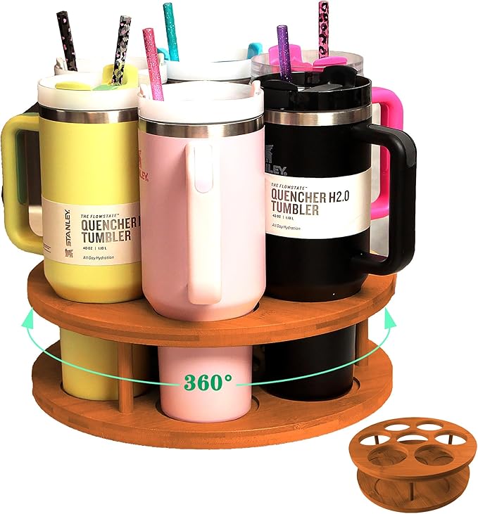 7-Slot Rotating Water Bottle Organizer for Stanley 40 oz Tumbler, Bamboo Cup Holder Rack for Owala, Yeti, Thermos 360 Spinning Storage for Kitchen Counter & Cabinet, Dark Brown