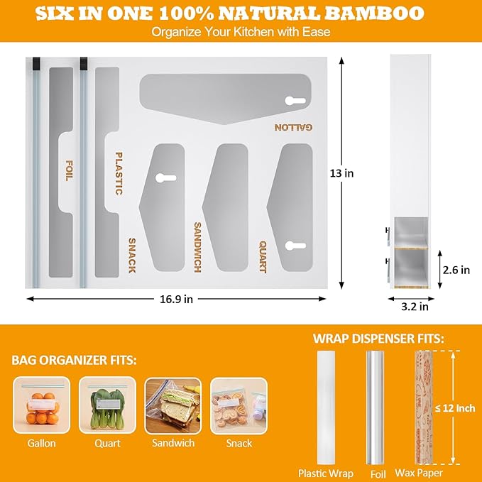 DALSHABET Bamboo Bag Organizer with Magnetic Closure, 6 In 1 Kitchen Drawer Foil and Plastic Wrap Dispenser with Cutter, Storage bag for Gallon, Quart, Sandwich, Snack White