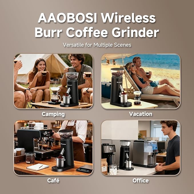AAOBOSI Burr Coffee Grinder with 60 Grind Settings, Rechargeable with Anti-Static, 5-98s Digital Timer & Touchscreen, Portable for Espresso, Pour Over, French Press, Travel & Camping.