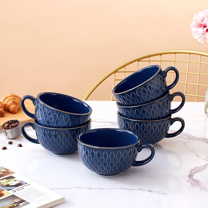 Coffeezone Set of 6 Cups Vintage Design 12 oz Professional Barista Ceramic Latte Art Cappuccino Cups Set (Embossed Blue * 6)